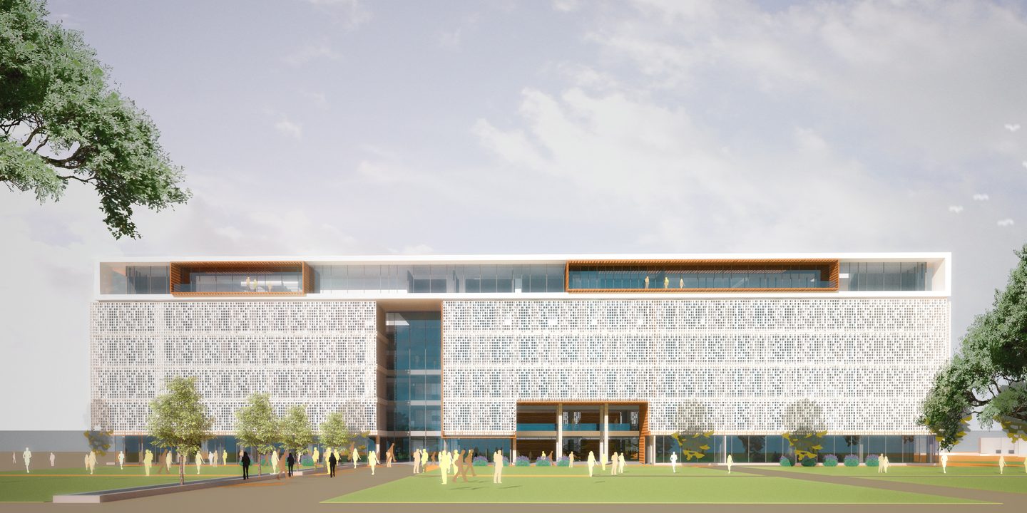 Rendu d’architecture&nbsp;: un immeuble de bureaux à la façade blanche perforée, encadrée de bois, devant une grande pelouse animée.