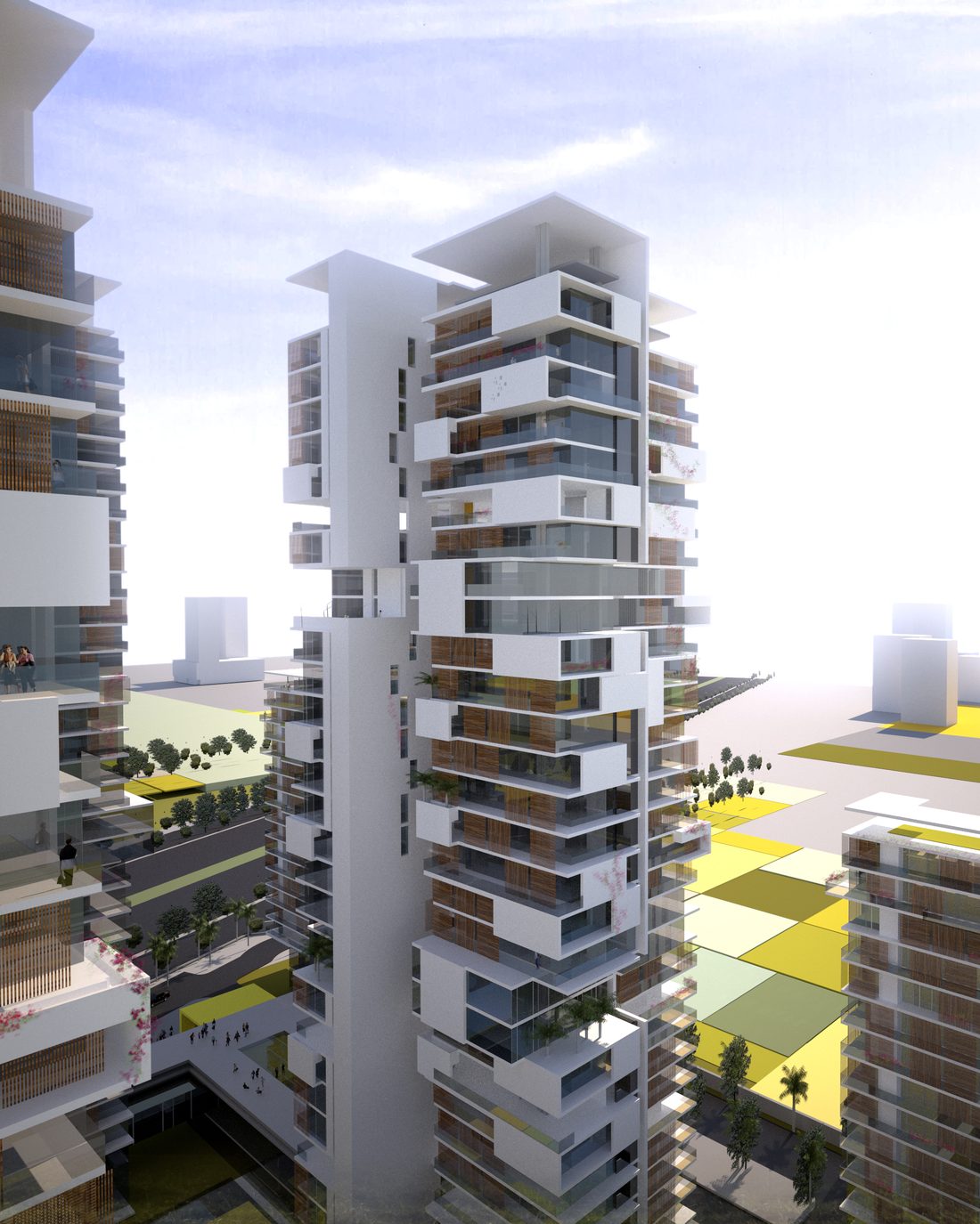 Rendu d’architecture&nbsp;: des tours d’habitation blanches aux balcons en porte-à-faux et aux écrans de bois, au-dessus d’un quartier en construction.